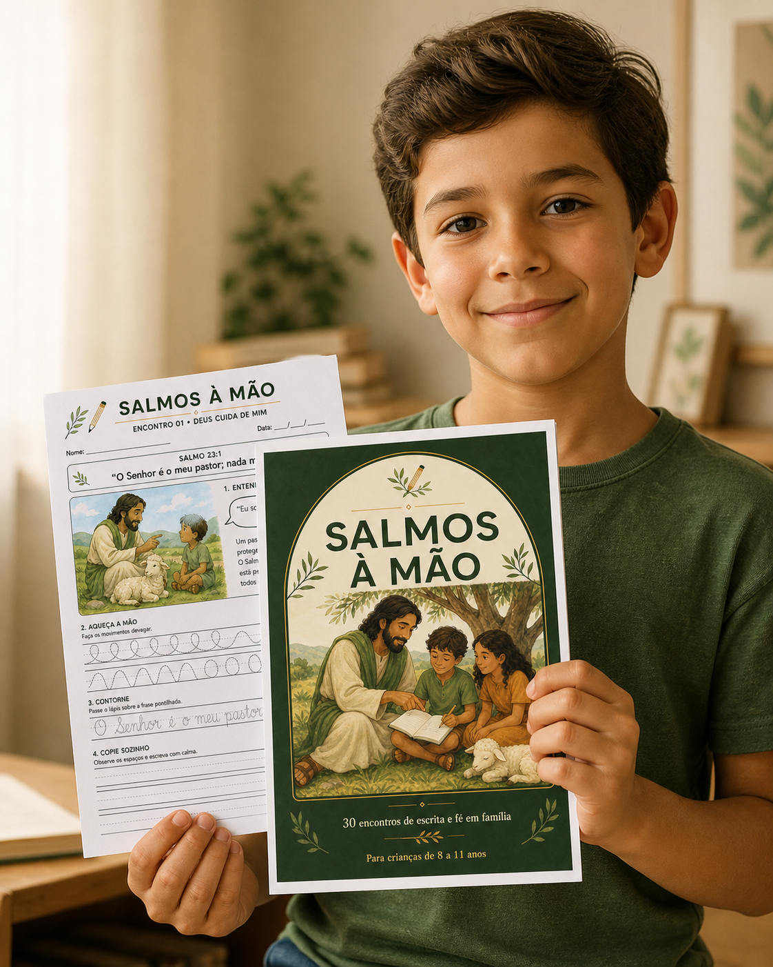 Criança segurando a capa e uma página impressa do material Salmos à Mão